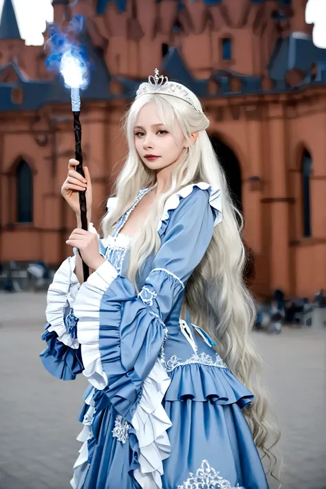 1girl, long hair, blonde hair, dress, holding, white hair, outdoors, frills, solo focus, blurry, blue dress, tiara, realistic, wand, holding wand