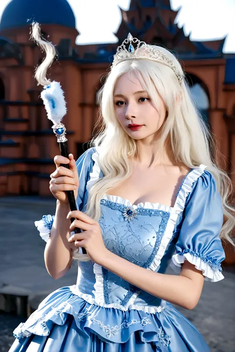 1girl, long hair, blonde hair, dress, holding, white hair, outdoors, frills, solo focus, blurry, blue dress, tiara, realistic, wand, holding wand