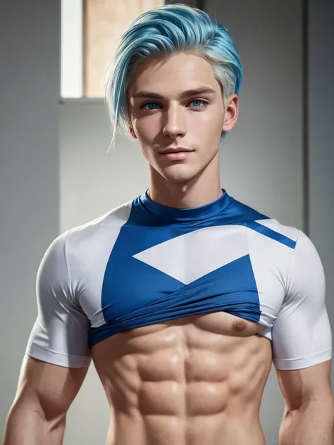 (best quality), 1boy, Male, 25 years old, young man, white skin, medium hair, parted hair, colored inner hair, blonde hair, blue hair, hazel eyes, perfect eyes, handsome, strong jawline, smirk, slender, crop top, fully clothed, masterpiece, anatomically co...