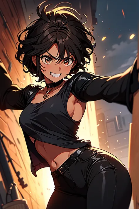 melhor qualidade)), ((Obra de arte)), (detalhado), 1 adult woman with black race, mulatta, very curly hair, short hair above the neck, brown skin, brown eyes, medium breasts, black tank top, black pants, open black jacket, emo style, threatening appearance...