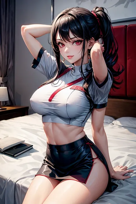 woman, sexy woman, female, mommy, black hair, red eyes, detailed eyes, detailed lips, big breasts, midriff peek, doctoruniform, sit with crossed legs, bedroom, evil smile, seductive lips, looking back crop top overhang, adjusting hair, pony tail, skirt