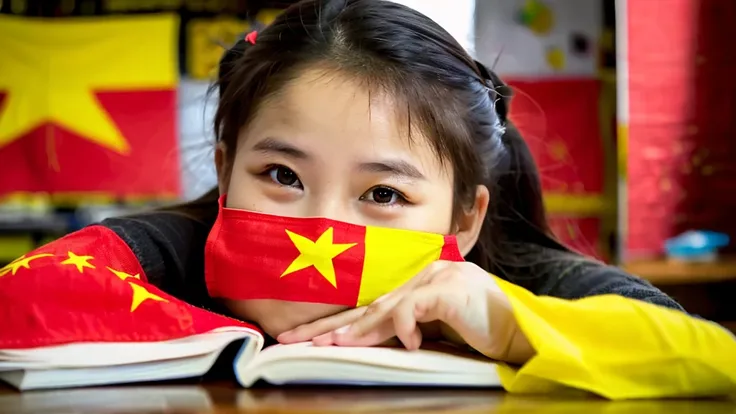 1 girl glass in studio , chill , Red flag yellow star ( Vietnam flags) 