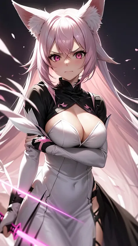 An adult woman, half fox, pink and white ears, pink and white hair, pink eyes, little white and black dress, wide breasts, very angry, holding a sword