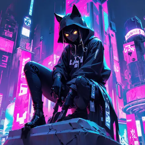 a black cat sitting on top of a white statue, cyberpunk streetwear, tending on art station, name of the character is chad, featu...