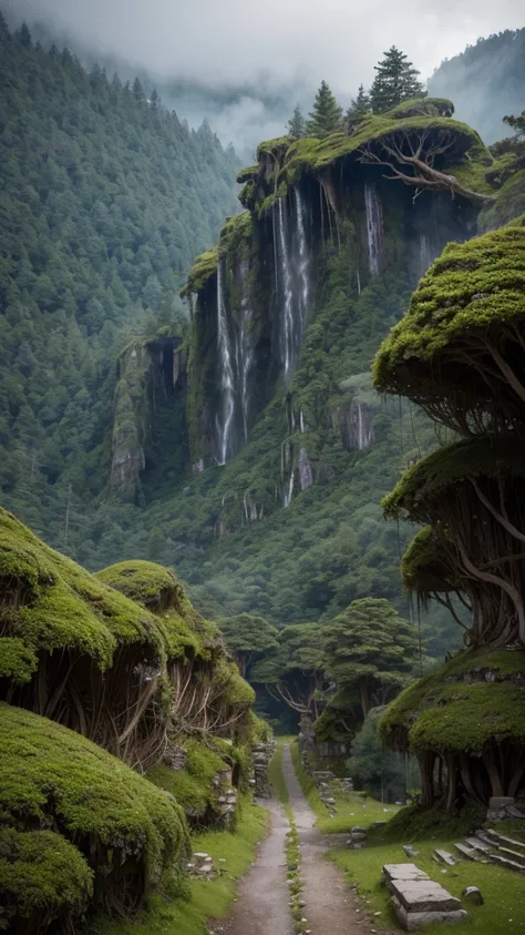 "A birds-eye view of a mountain ridge with a line of massive, 50-meter-tall grotesque statues resembling skeletons, each covered in moss and vines. These towering statues are lined up along the mountain peaks, following the natural curve of the terrain. Th...