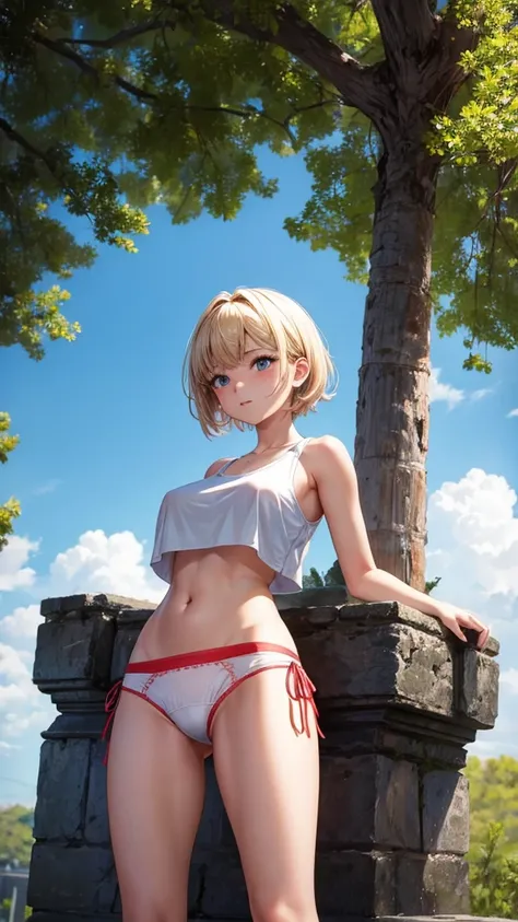 (masterpiece, highest quality, ultra high res, ultra detailed:1.3), 1 cute girl, ideal ratio body proportions, blonde short hair, red tank top, blue pleated mini skirt, (white panties, panties visible:1.3), GoPro, cameltoe, clothes covered nipples, 