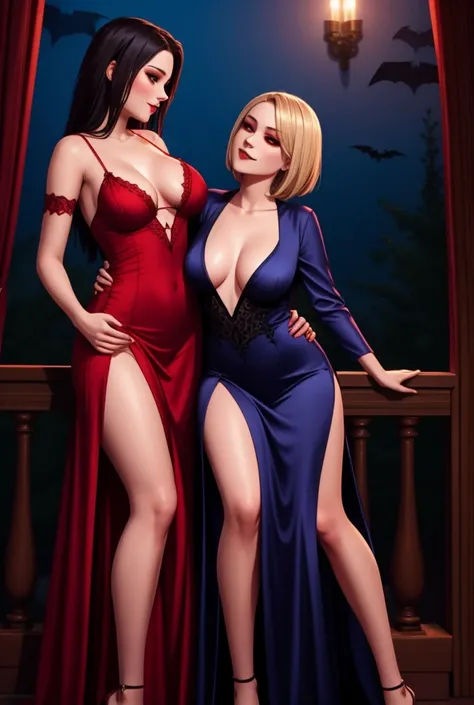 lesbian, seductive, long dress, leg slit, touching, fondling, vampire, 2girls