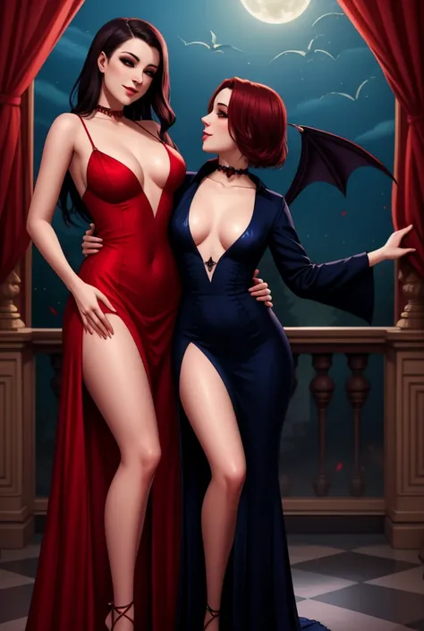 lesbian, seductive, long dress, leg slit, touching, fondling, vampire, 2girls