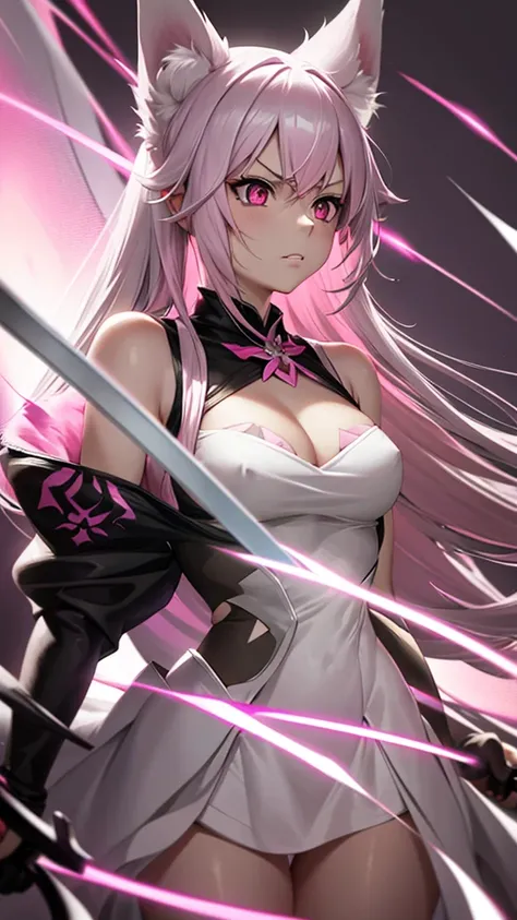 An adult woman, half fox, pink and white ears, pink and white hair, pink eyes, little white and black dress, wide breasts, very angry, holding a sword