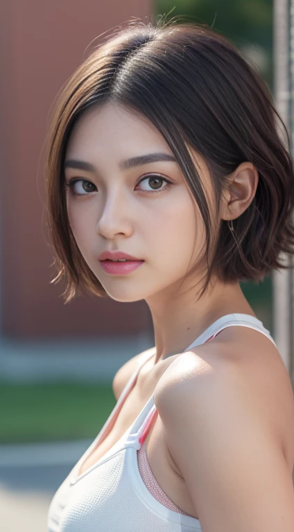 Very detailed CG Unity 8k 壁紙, Highest quality, Very detailed, masterpiece, Realistic, photo Realistic, Very detailed cute girl, Age 25, logic, 腹logic, Round eyes, Audience,  blush, Part your lips, Half Body Shot , 
Sportswear , Gym , short hair