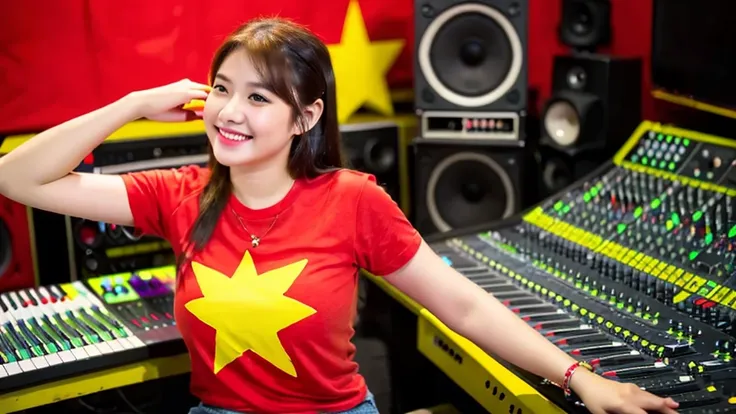 a beautiful girl inside a music studio , vietnam flag t-shirt ( red flag yellow star), high quality photos, hd, 4k