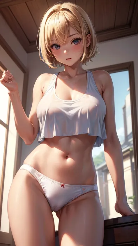 (masterpiece, highest quality, ultra high res, ultra detailed:1.3), 1 cute girl, ideal ratio body proportions, blonde short hair, red tank top, blue pleated mini skirt, (white panties, panties visible:1.3), GoPro, cameltoe, clothes covered nipples, 