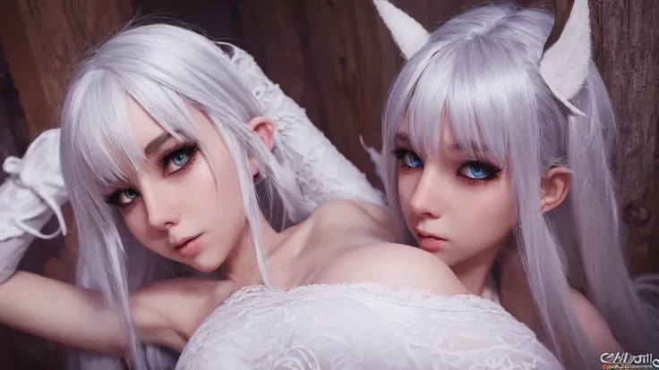 elf woman, white hair, white eyes, slim waist, big breasts, full body, best quality, artwork, cinematic, detailed, realistic, detailed face.