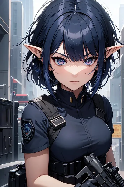 Create a high-quality anime-style image featuring an elf girl with dark navy-blue hair and straight-cut bangs. She is a member of a special forces police unit. She has a large red earring on her right ear and is holding an assault rifle. The background sho...