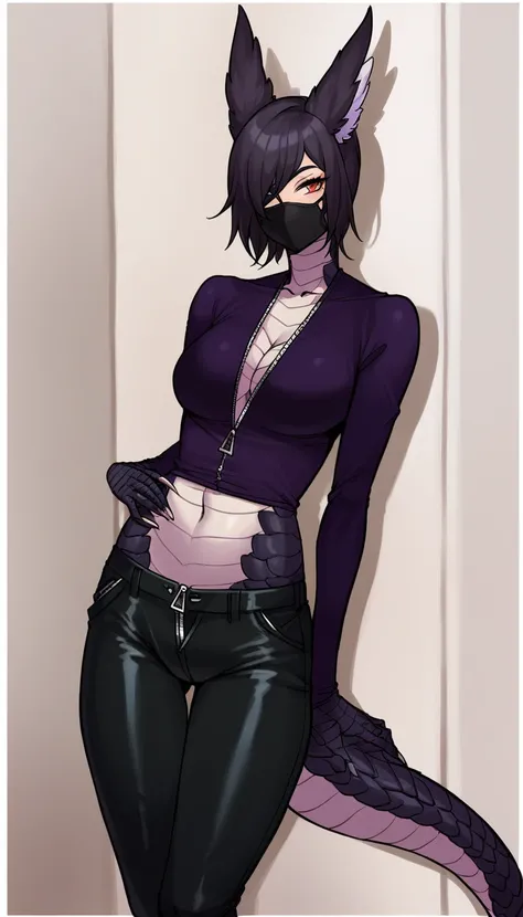  score_9_up, ((adult)), (Foxgirl:1.2), (female, dragon scales, black scales), with Center parted shoulder length hairstyle, (wearing eye mask, covers the eyes), Top with a zipper, shows stomach, trousers, thigh visible, show legs, scene background