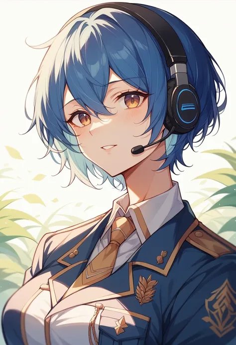 Blue Hair、girl、An illustration、anime、HD Lighting、Field uniform、headset、Beautiful high image quality、Beautiful light source、effect