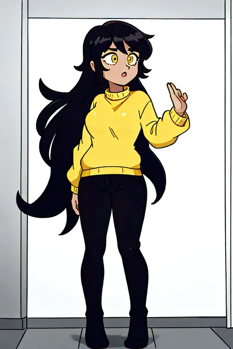 cool posee,Score6, black hair, long hair,yellow sweater