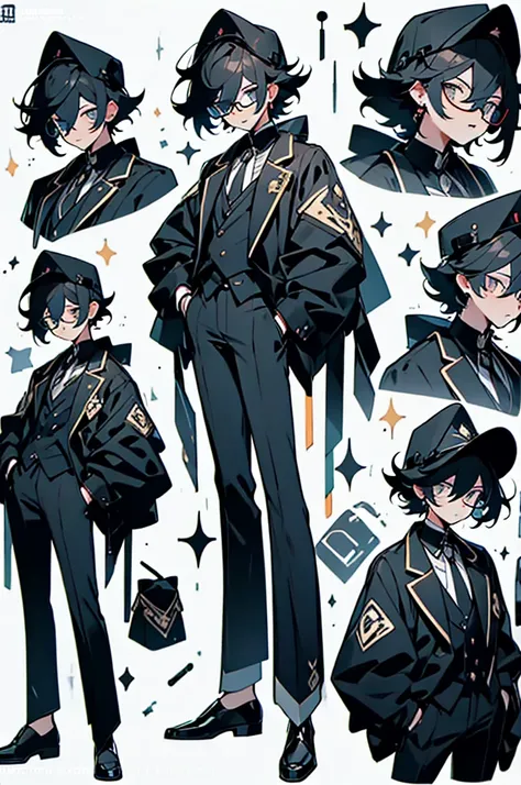 Guy, black shorts hair, eyes gray, glasses, black Fedora hat, black suit, black pants, pocket clock, strong