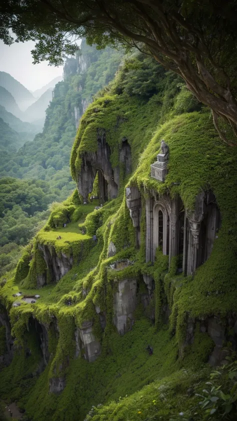 "A birds-eye view of a mountain ridge with a line of massive, 50-meter-tall grotesque statues resembling skeletons, each covered in moss and vines. These towering statues are lined up along the mountain peaks, following the natural curve of the terrain. Th...