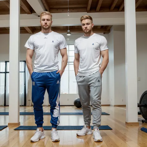 full body photograph of a 28 year old man ,blond hair,military cut hair ,White skin,blue eyes ,trimmed beard,in the gym with sports clothes.