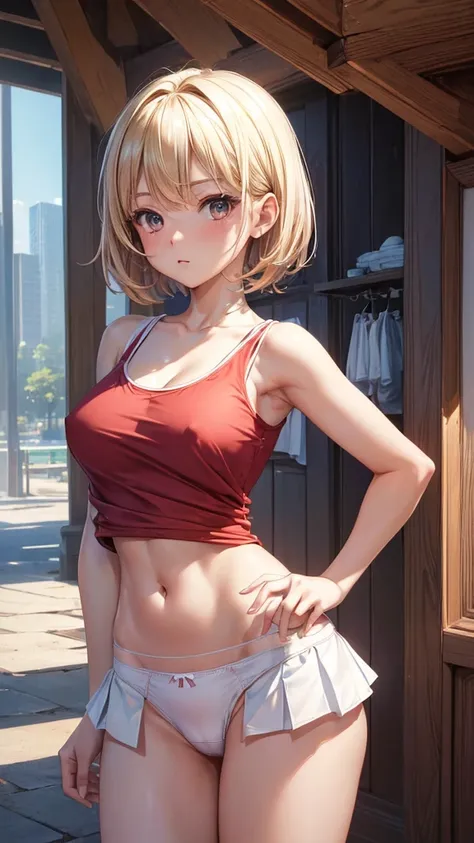 (masterpiece, highest quality, ultra high res, ultra detailed:1.3), 1 cute girl, ideal ratio body proportions, blonde short hair, red tank top, blue pleated mini skirt, (white panties, panties visible:1.3), GoPro, cameltoe, clothes covered nipples, 