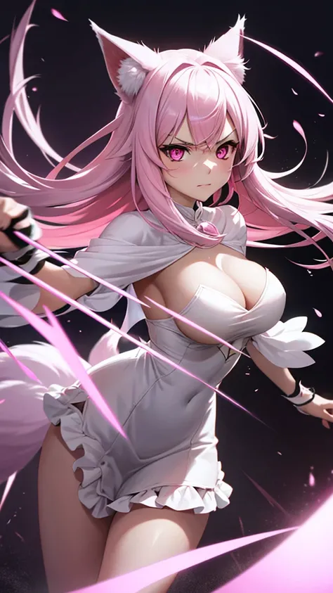 An adult woman, half fox, pink and white ears, pink and white hair, pink eyes, little white and black dress, wide breasts, very angry, holding a sword