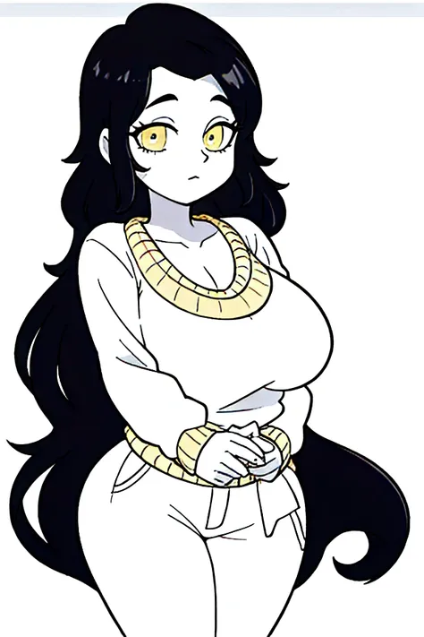 cool posee,Score12, black hair, long hair,yellow sweater,voluptuous