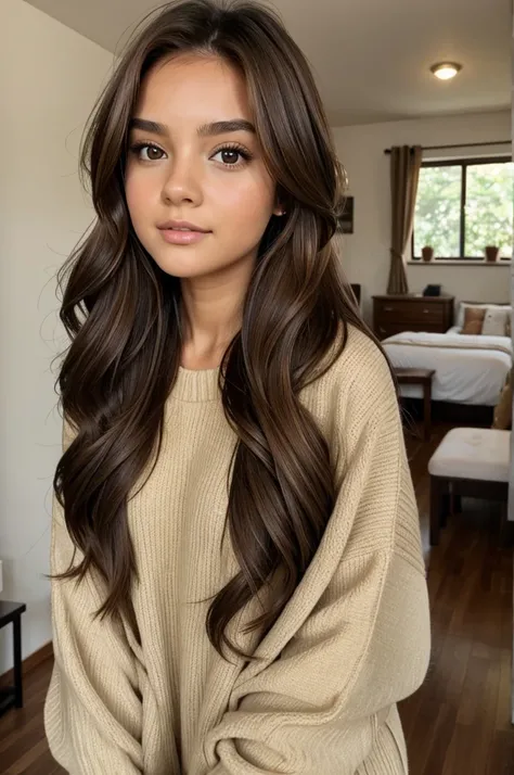 Girl with brown hair and brown eyes inside room 