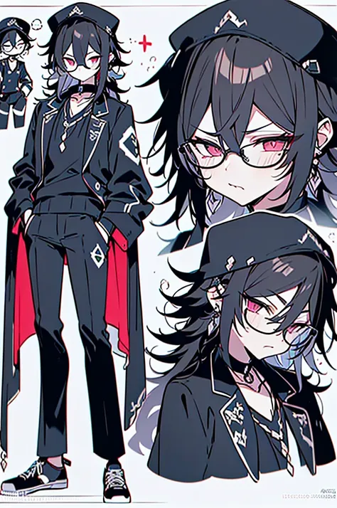 guy, black shorts hair, eyes gray, glasses, black fedora hat, black suit, black pants, pocket clock, strong