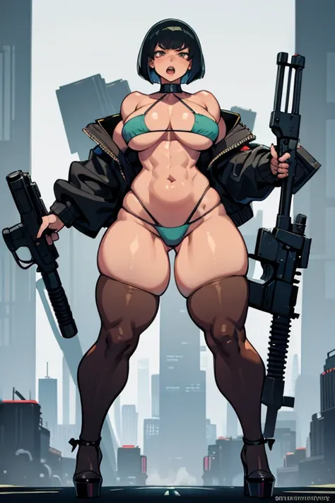  thick hips,  thick thighs, platform  heels, mini bikini, huge breast, thin waist, bob cut hair, weapon, tanned skin, gun, angry look, Cyberpunk, moan, open mouth, thick body, fitness, sleveless, shoulderless,