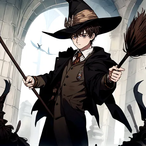 A boy wearing Harry Potter clothing and holding a flying broom, with a pointy hat