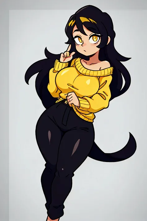 cool posee,Score12, black hair, long hair,yellow sweater,voluptuous