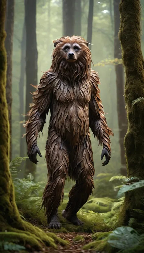 There is a creature in the forest，Human-like appearance，The whole body is covered with brown hair（best quality，4K，8K，High level，masterpiece：1.2），Ultra Detailed，（lifelike，Photo real，Photo real：1.37），Highly detailed animals，Complex patterns，Realistic lightin...