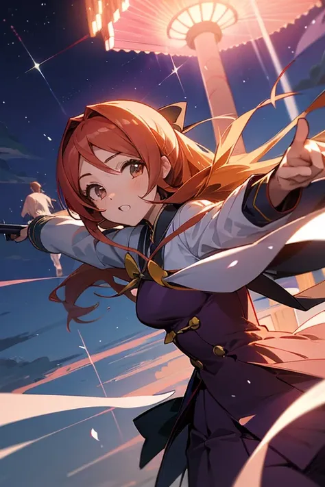 anime style, super fine illustration, highly detailed, dynamic angle, beautiful detailed, 8K, On a summer night during Tanabata,Orihime and Hikoboshi are pointing guns at each other。