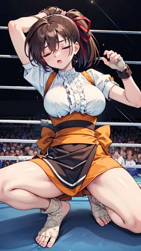 Highest quality，masterpiece，Lying down，sleep，(レスリングのリングにLying down, WWE Divas，Wrestling Arena，Wrestling ring background, Boxing ring background), 胎児の姿勢で仰向けにsleep, Lack of stamina, Ryona, Hitting a girl, death is near，タケユカ 超ロングヘア ヘアribbon, Frilled shirt, Un...