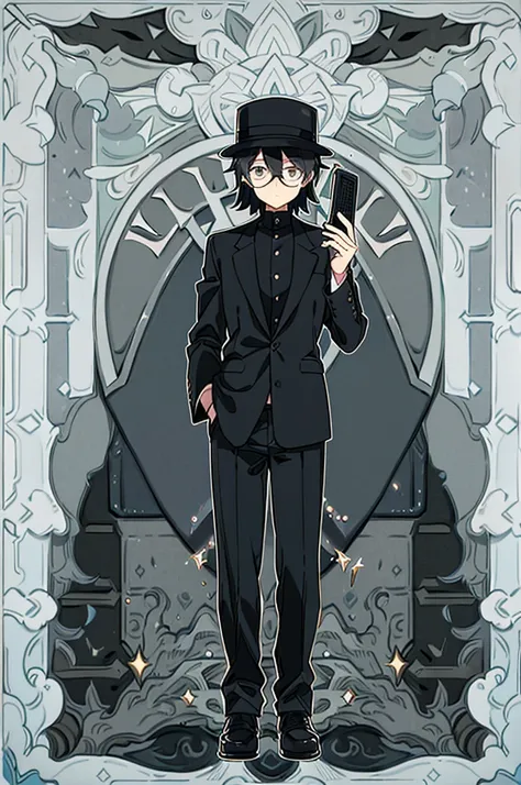 man, black shorts hair, eyes gray, glasses, black fedora hat, black suit, black pants, pocket clock, strong