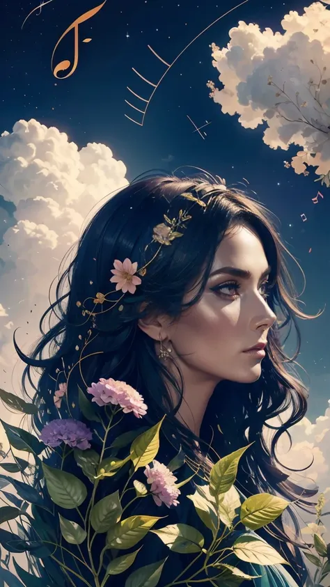 The image shows a beautiful woman, breathtaking black curly hair, whose body is fused with flowers and foliage, a background of ethereal soft colors, musical notes flow between clouds in a night sky, in the style of a high-quality pen and ink sketch. resol...