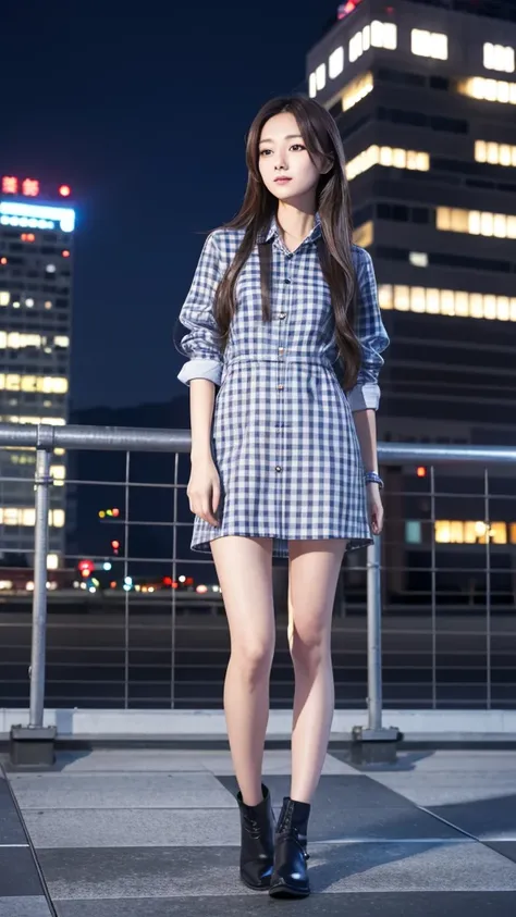 Hoshimachi Suisei (hololive), long straight hair, (Skinny body),Gray checkered clothing, building rooftop, standing in front of steel fence, upright, blue-white light night scene, wind