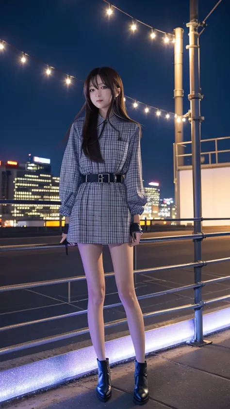 Hoshimachi Suisei (hololive), long straight hair, (Skinny body),Gray checkered clothing, building rooftop, standing in front of steel fence, upright, blue-white light night scene, wind