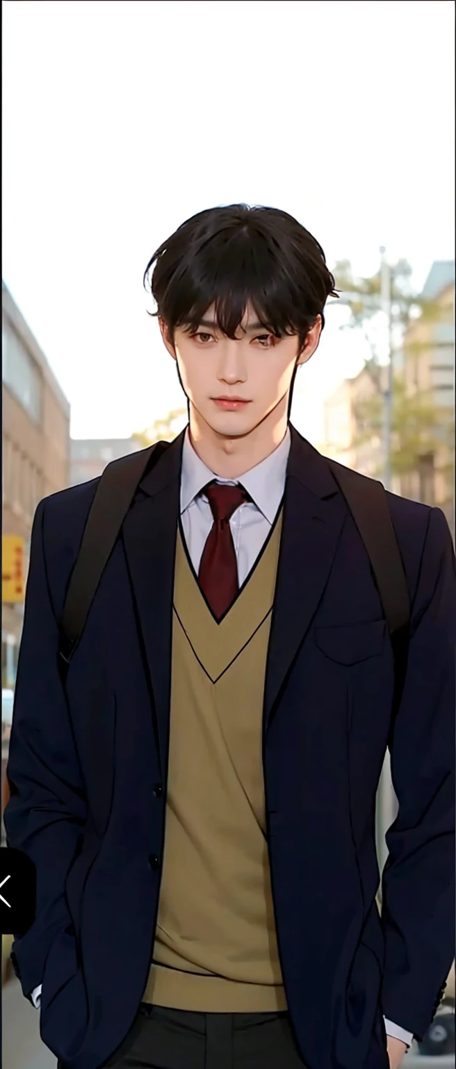 Handsome boy, black hair, brown eyes, (wearing dark blue formal with dark yellow and white inside), with red necktie, wearing black backpack