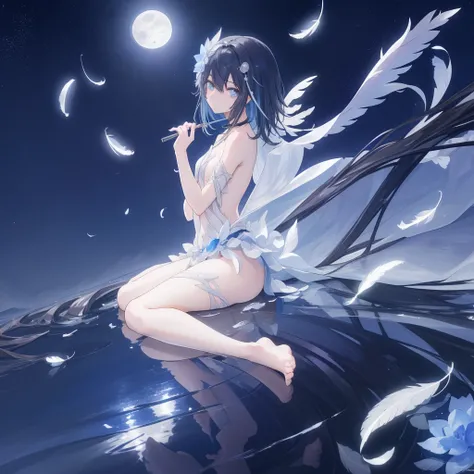 ((A long shot)) of a black-haired anime teen girl, (sitting near a river), ((strong moonlight)), cinematic light, slim body, skin is perfectly healthy, soft, and smooth, Extremely delicate and beautiful CG illustration, best quality, high resolution, dynam...