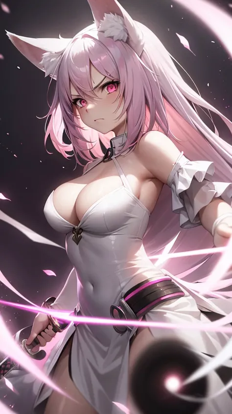 An adult woman, half fox, pink and white ears, pink and white hair, pink eyes, little white and black dress, wide breasts, very angry, holding a sword