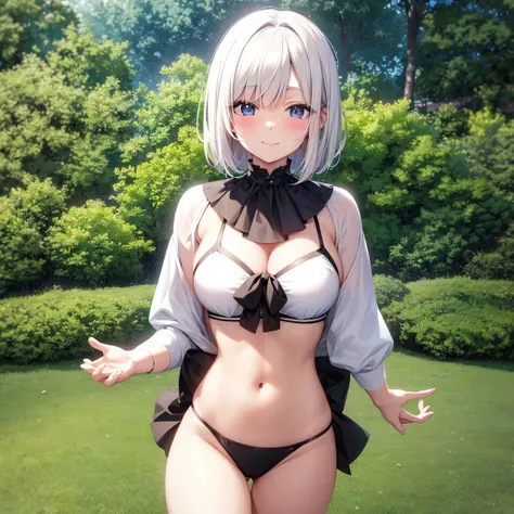 White anime girl in a field of short white hair smiling blushingly in black bikini