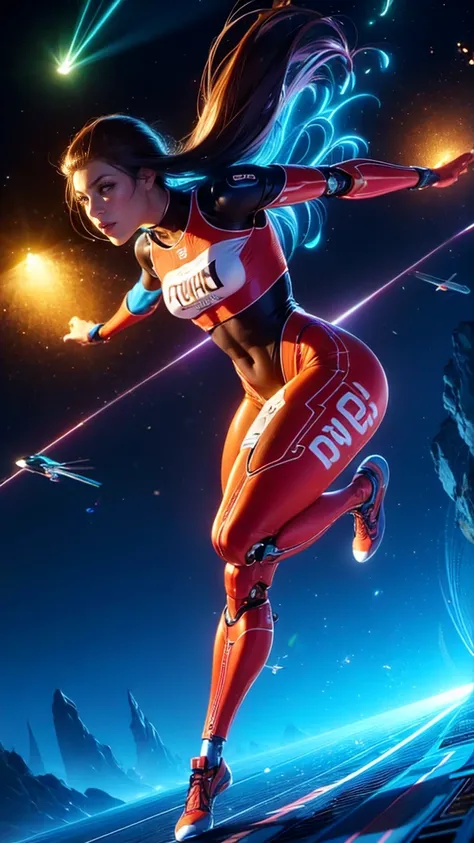 top quality, future world, State-of-the-art robot, Beautiful Woman, flying hair, Transformed into a cyborg except for the face, sexy images, whole body photo, ((Athlete, long jumping))