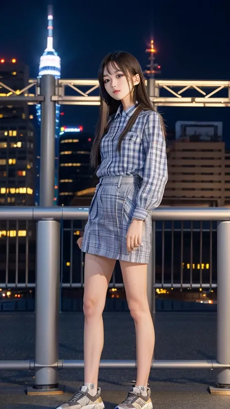 Hoshimachi Suisei (hololive), long straight hair, (Skinny body),Gray checkered clothing, building rooftop, standing in front of steel fence, upright, blue-white light night scene, wind