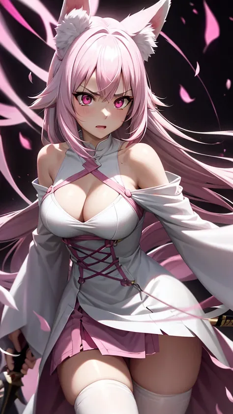 An adult woman, half fox, pink and white ears, pink and white hair, pink eyes, little white and black dress, wide breasts, very angry, holding a sword