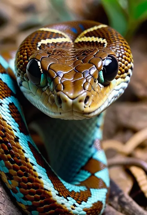 a close up of a cobra with a blue and brown stripe on its face, mixed with cobra, highly detailed cobras, closeup 4k, retrato em...