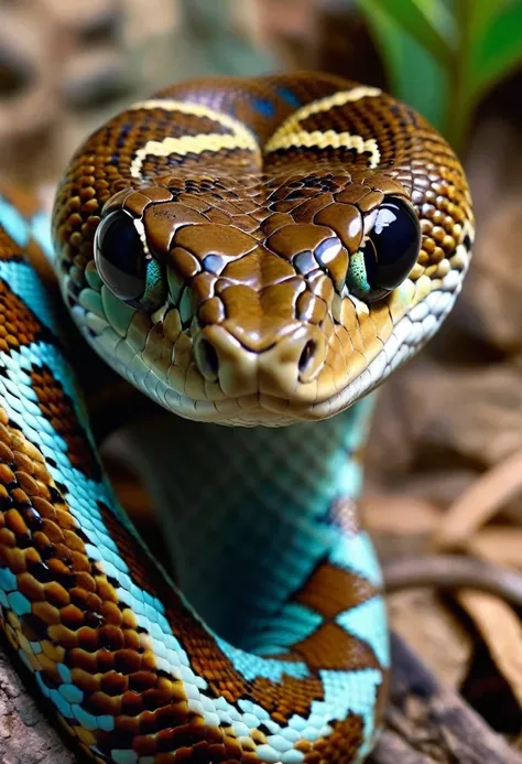 a close up of a cobra with a blue and brown stripe on its face, mixed with cobra, highly detailed cobras, closeup 4k, retrato em...