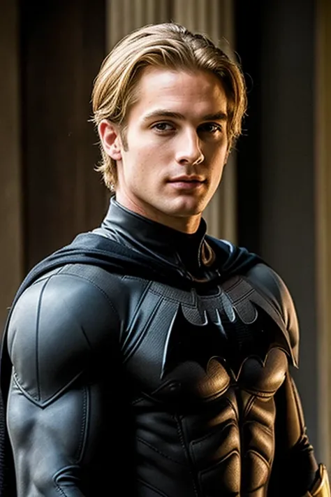 ((Best Quality)), ((Masterpiece)), (detailed),  a blonde man with a batman suit but without a mask