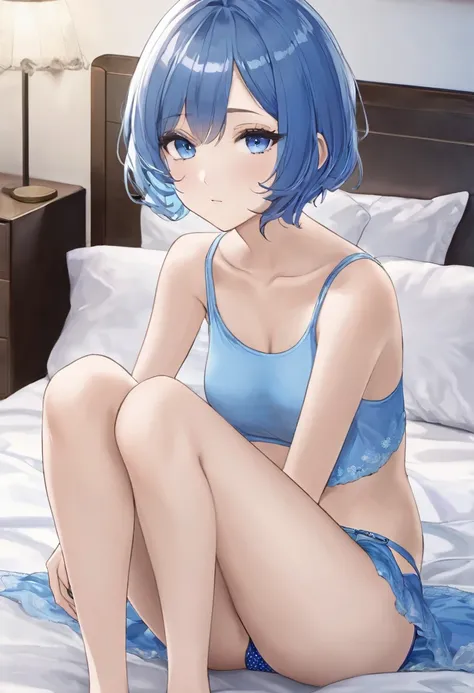 M-shaped legs、short hair、Blue Hair、、hair over one eye、、Blue underwear、Pale blue eyes、Blushing、Bedroom、On the bed、Random pose、Looks like she&#39;s about to cum、Glamorous expression、Blushing、Blue underwear、Cute underwear、Undressing、、Bedroom、On the bed、M-shap...